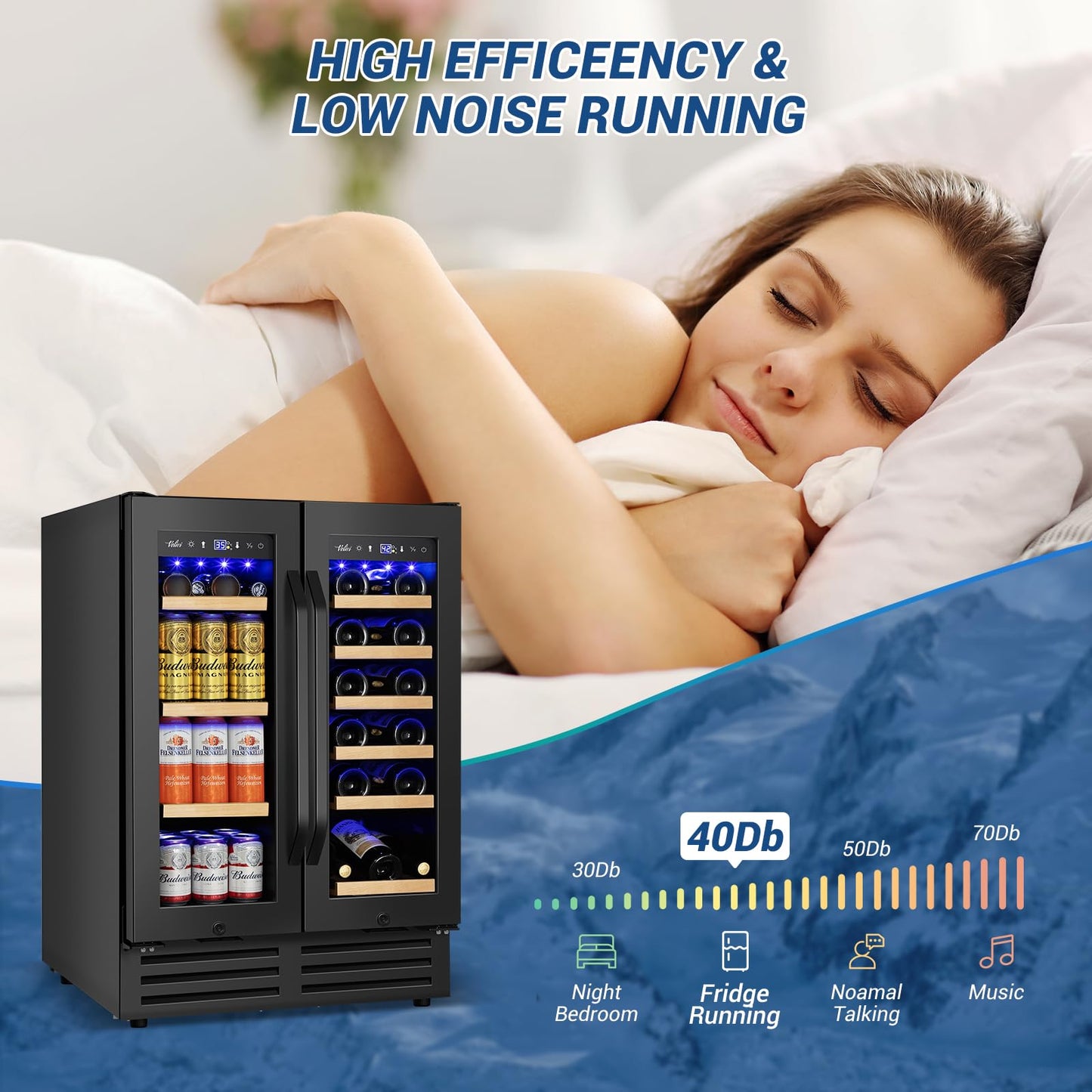 Velivi 24" Black Dual Zone Wine & Beverage Refrigerator | Under Counter Built-In or Freestanding | 18 Bottles & 68 Cans | Glass Door with Lock Large Capacity for Beer Wine Soda Drinks
