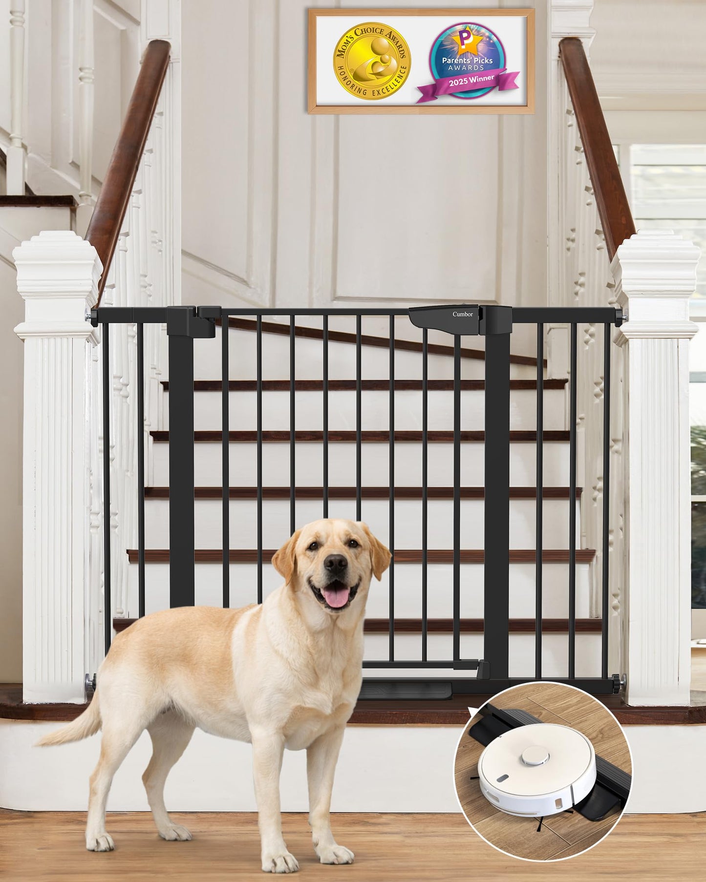 Cumbor 29.7-46" Baby Gate for Stairs, Mom's Choice Awards Winner-Auto Close Dog Gate for The House, Gifts for Mom, Easy Install Pressure Mounted Pet Gates for Doorways, Black