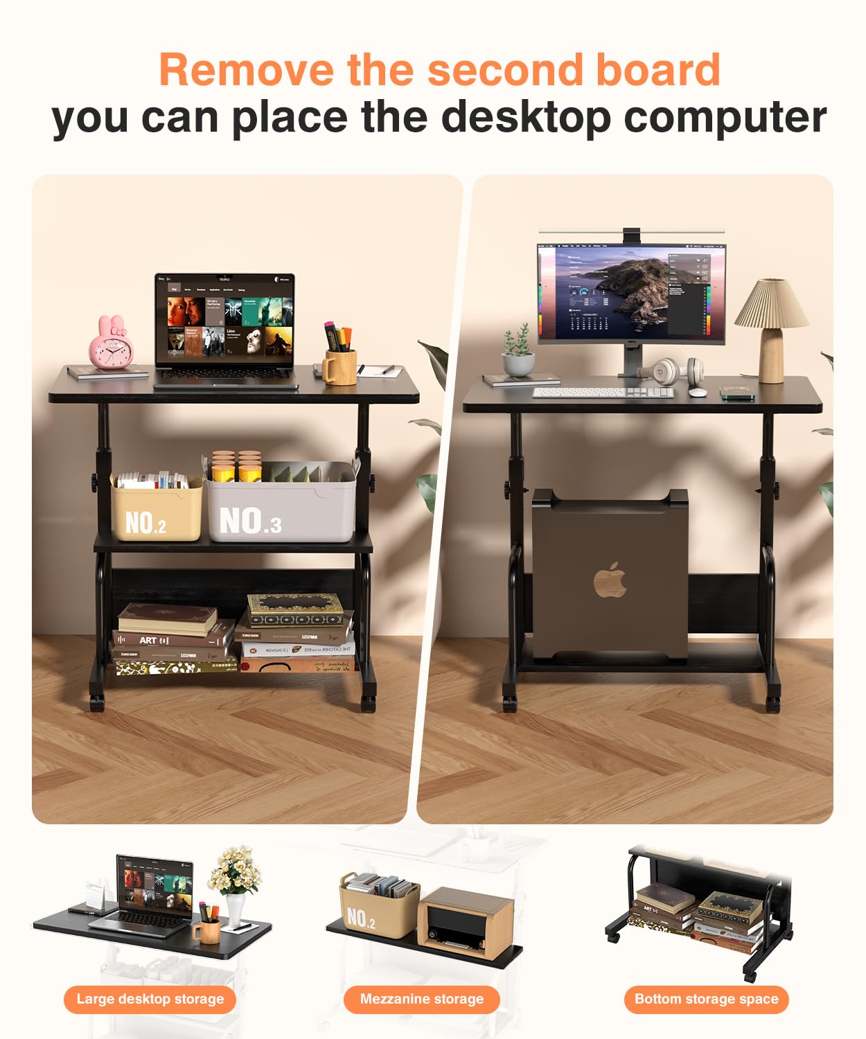 QZMDSM Portable Rolling Desk on Wheels Adjustable Height Desks for Small Spaces, 32" Computer Desk with Storage Shelves for Home Office Black