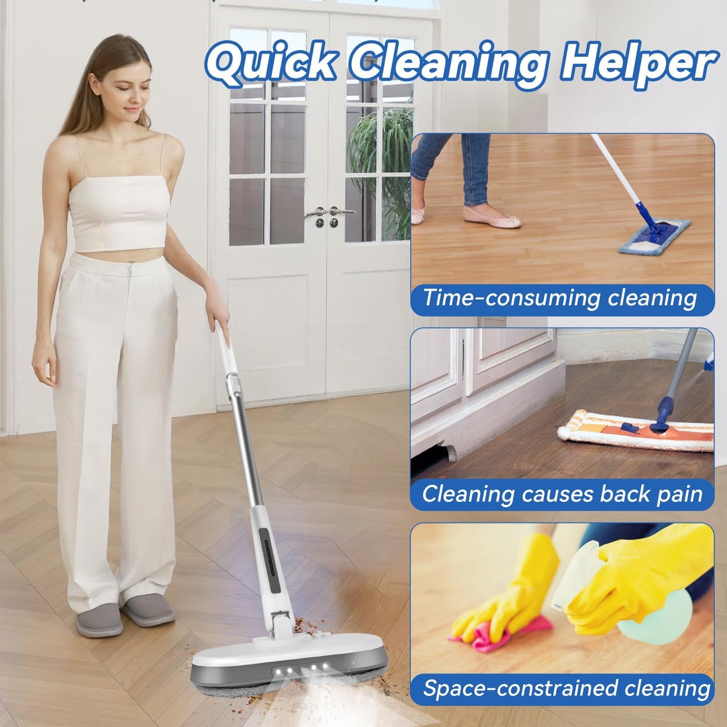 Cordless Electric Mop, Electric Spin Mop with LED Headlight and Water Spray,60 Mins Spin Power Scrubber Mops for Floor Cleaning,2000mAh Battery,350ml Water Tank,Standing Storage,Light Weight