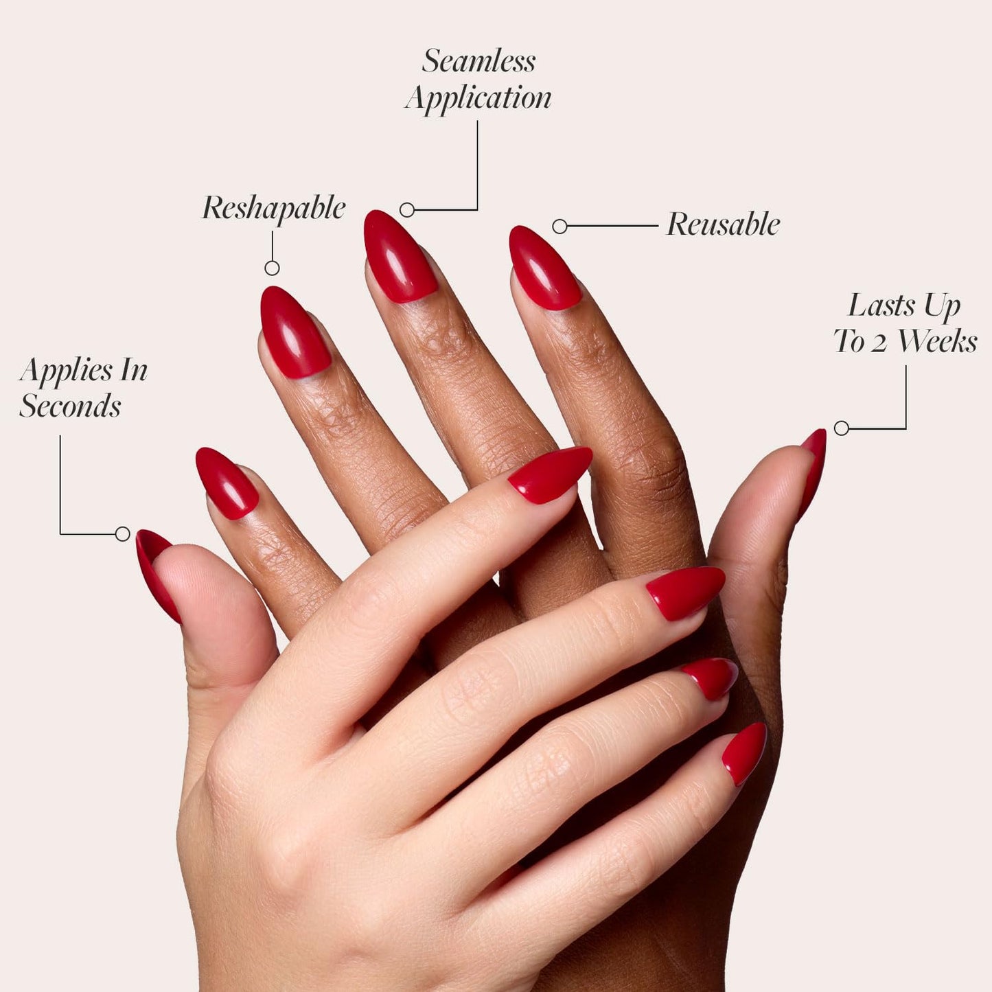 Glamnetic Press On Nails - Classic Red | Opaque Cool Tone, Timeless Red Short Almond Fake Nails, Salon Quality | 15 Sizes - 30 Nail Kit with Glue