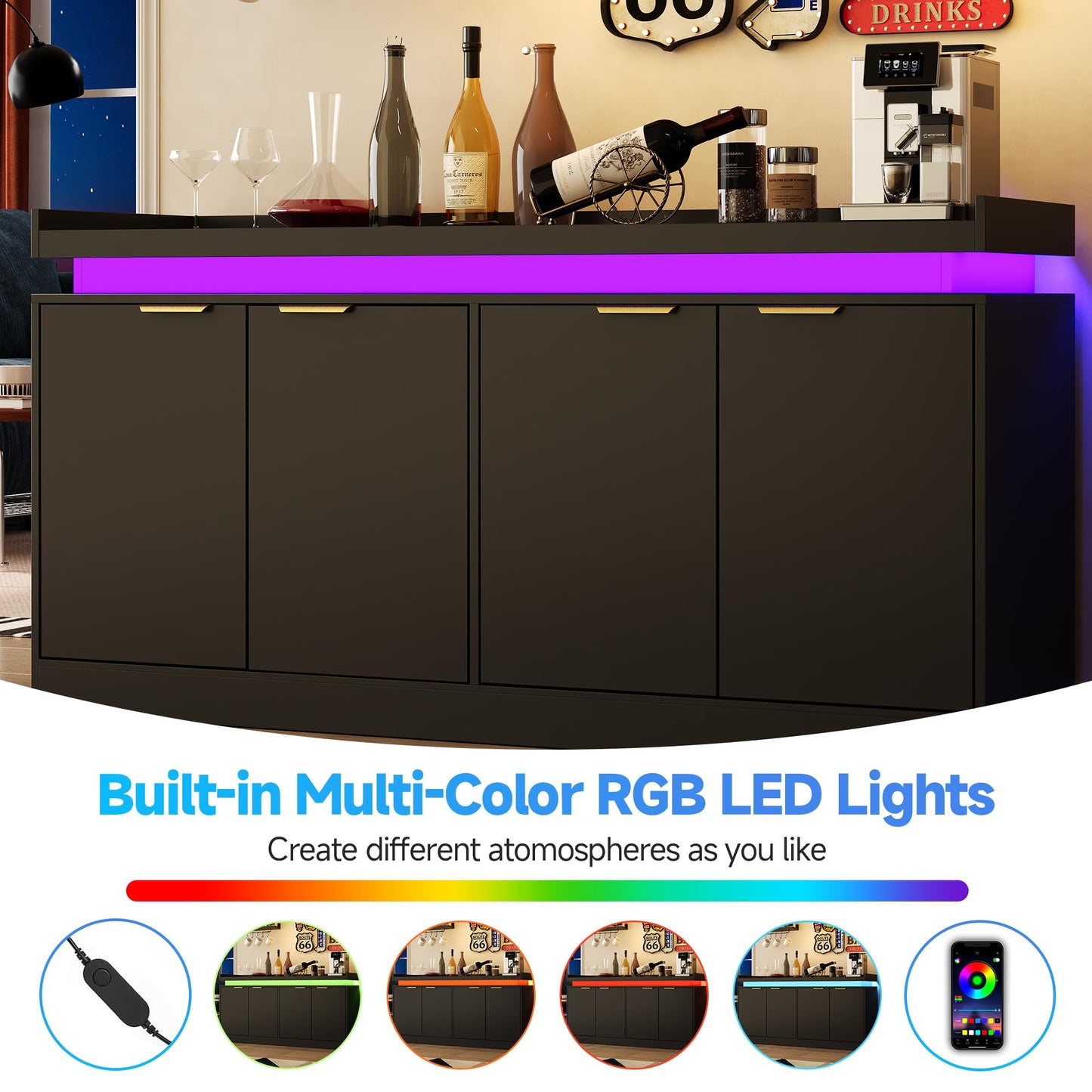 knoworld LED Sideboard Buffet Cabinet with Storage, 63'' Large Kitchen Buffet Cabinet Storage Cabinets with 4 Doors, Wood Coffee Bar Cabinets Buffet Table for Kitchen, Dining Room, Entryway