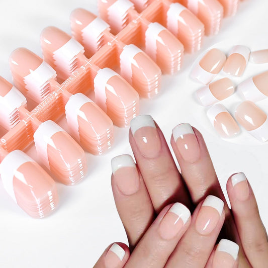 IKISKT 5 * 24pcs French Tip Press on Nails, Medium Short Square Pink, White French Gel Nail Tips, Fake Nails for Nail Women Girls Art 120pcs