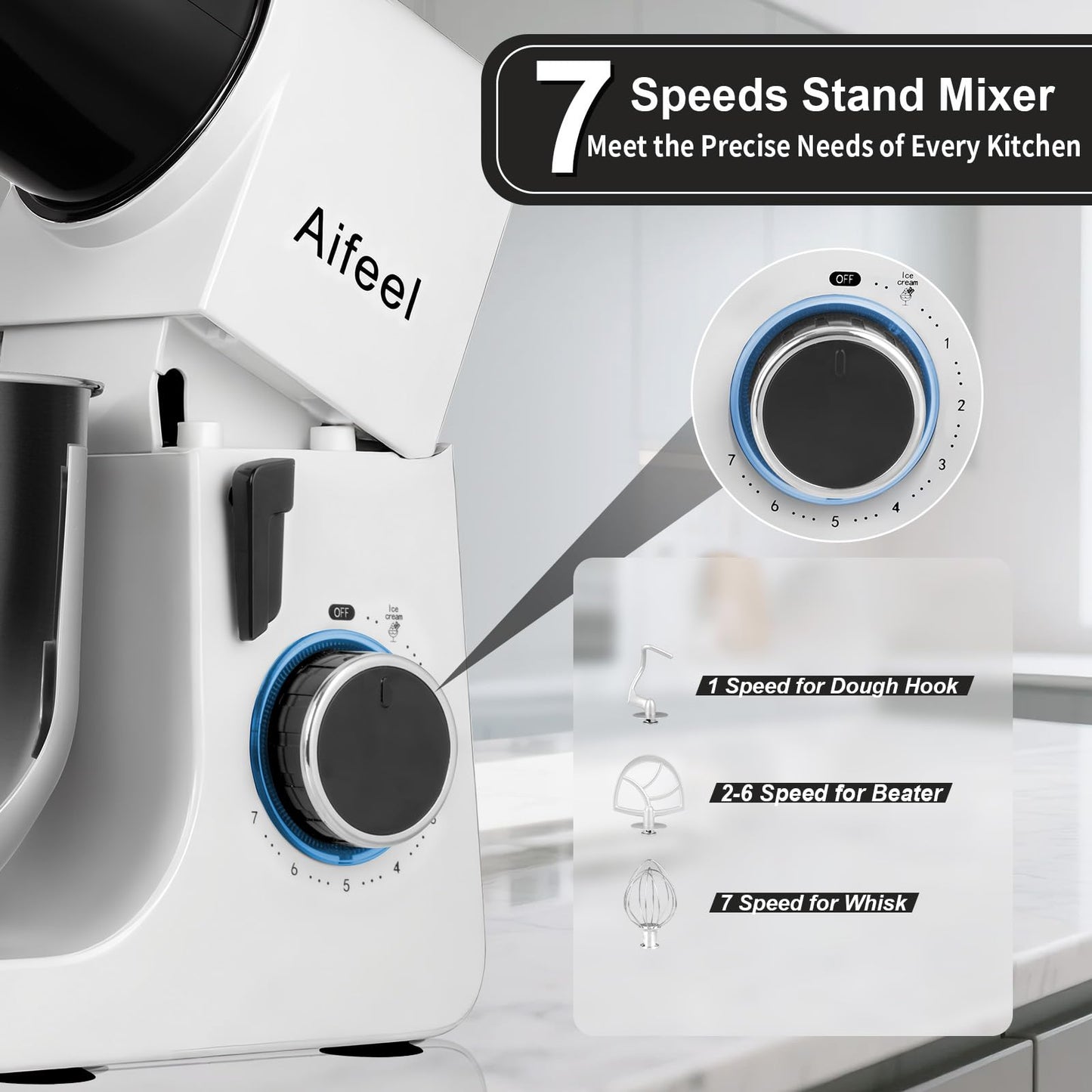 Aifeel Stand Mixer,6.5QT Tilt-Head Electric Stand Mixer,700W DC Motor with Low Noise,Kitchen Mixer with Dough Hook,Beater,Whisk,Dishwasher-Safe Attachments for Baking (Black)