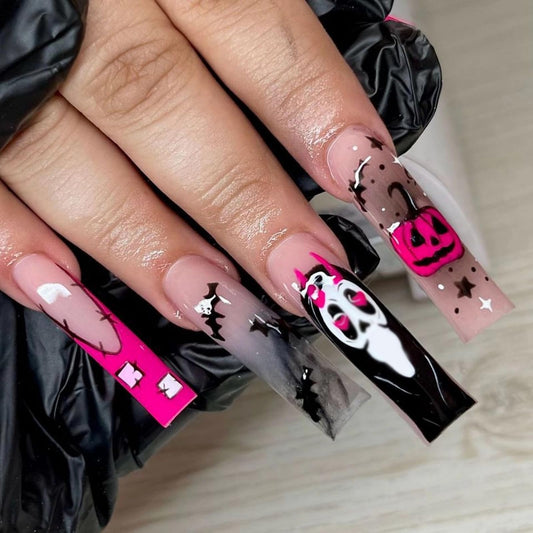 MISUD Press on Nails - Long Coffin Fake Nails with Halloween Goth, Acrylic Scary Ghost Design 24 pcs