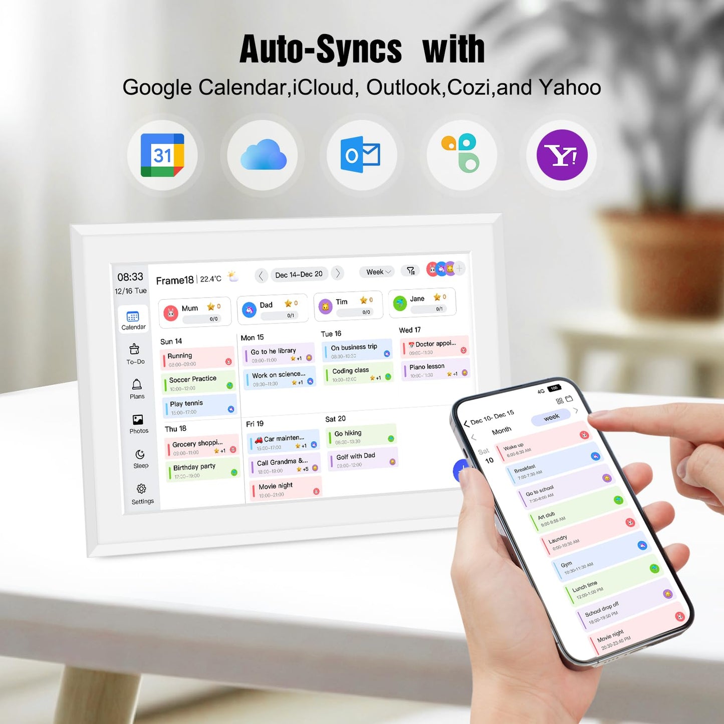 10.1" Smart Digital Calendar and Cloud Photo Frame Wall Planner with Chore Charts Meal Planning 32GB Storage 1280x800P IPS Touchscreen Desk Calendar Interactive Display for Family Schedules White