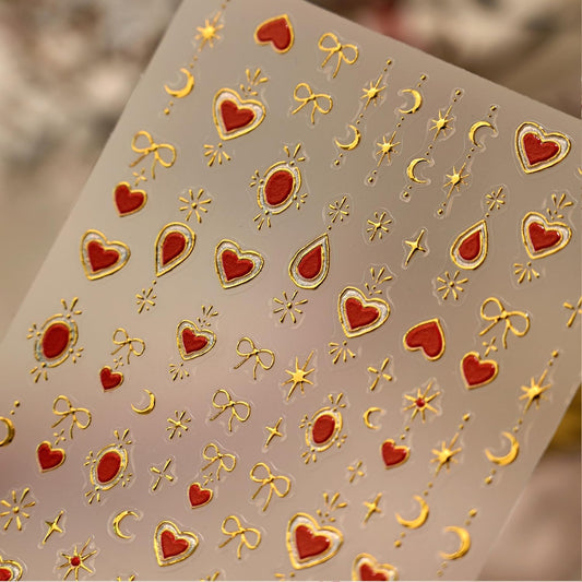 Gold Moon Star Nail Art Stickers 5D Embossed Red Heart Nail Stickers for Nail Art Bow Nail Decals Gold Nail Design Star Nail Supplies for Women Girls DIY Manicure Decoration