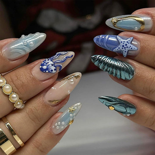 Summer Beach Press on Nails Medium Almond Fake Nails 3D Ocean Waves Acrylic Nails Blue Jellyfish Starfish Artificial Nails Gold Star False Nails with Pearl Designs Glue on Nails for Women Girls 24Pcs