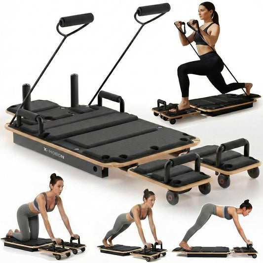 X-HOBON Home Pilates Board Reformer, Pilates Reformer / Gliding Board, Slide Design, Maple & High Strength Steel Rails, Adjustable Resistance Bands, PU Wheels, Quick Assembly (Black)