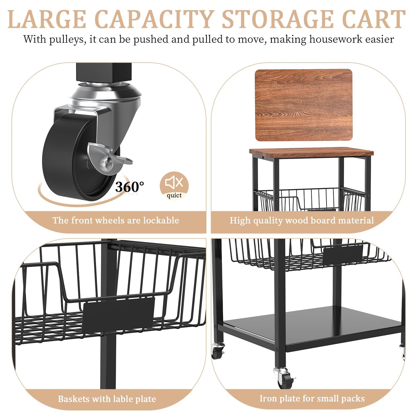 Hastatii Kitchen Storage Cart, Kitchen Basket, 5-Tier Utility Organizer with Baskets and Wood Top, Rolling Snack Cart with Wheels, Metal Black