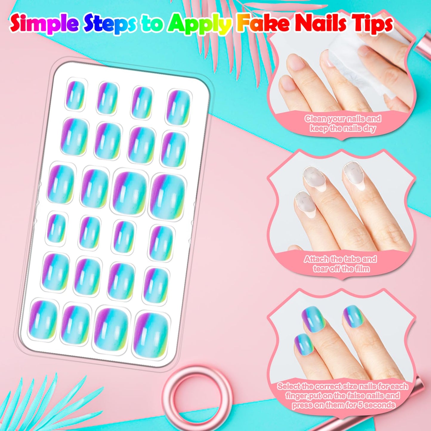 240 Pieces Fake Nails for Kids Girls Artificial Kids Press on Nails Full Cover Short Acrylic Stick On Nails False Nail Tips Kit for Children Little Girls Nail Art Decoration (Stars)