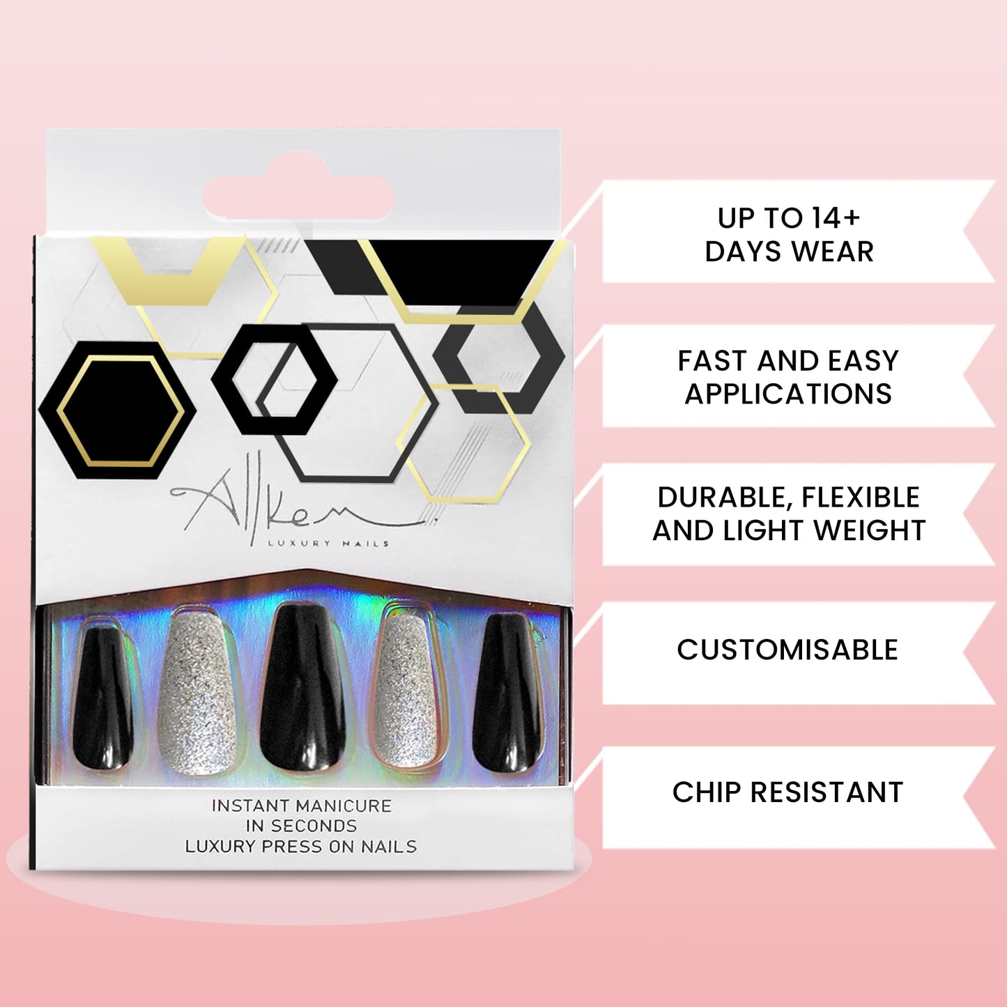 Allkem Press On Nails |Midnight Black Medium Long Tapered Ballerina 10 sizes - 20 pcs Coffin Nail Kit with Glue