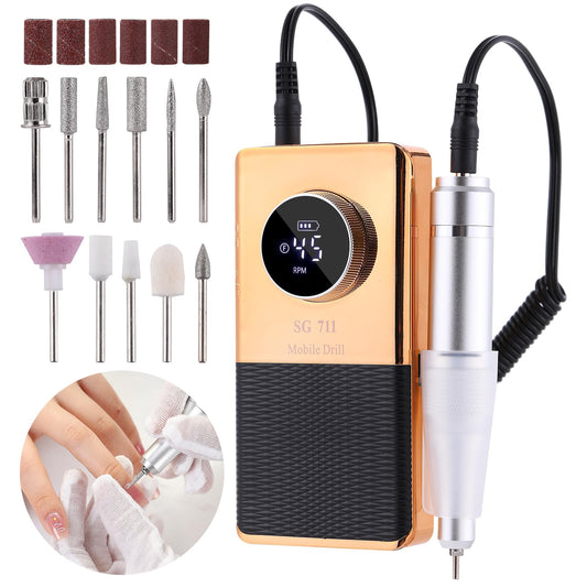 Electric 45000RPM Nail Drill Machine Rechargeable Portable Nail File Electric DIY Nail Drill Kit with Smart LCD Screen for Gel Nail Manicure and Pedicure Reflective Body etc (Yellow)