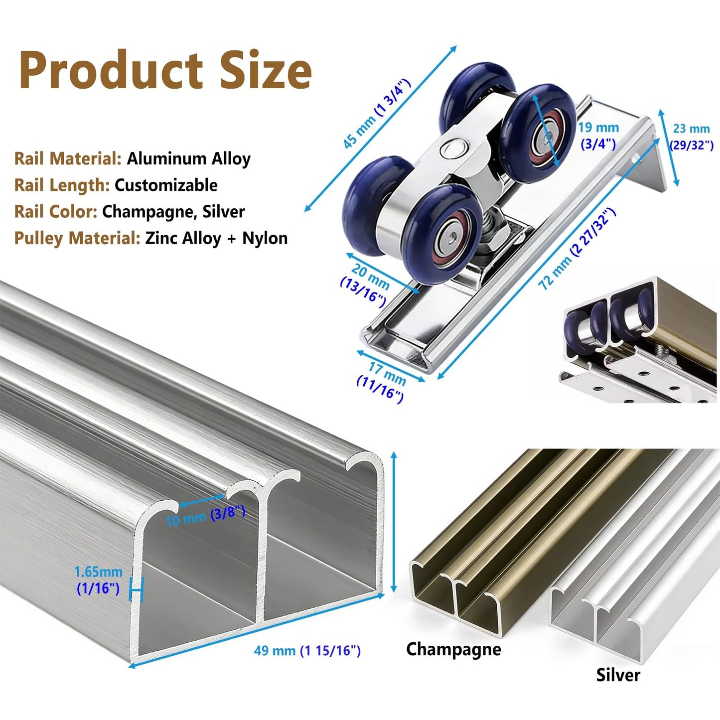 Hanging Bypass Sliding Door Hardware Kit, Ceiling Mount Double Rail System, Aluminum Track for Bedroom Closet Bathroom Single/Double Door(Silver,380cm/150 inch)