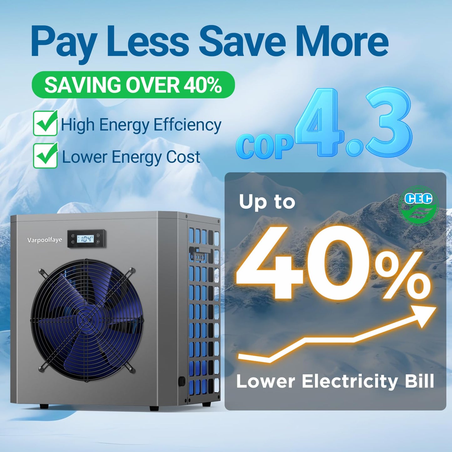 Varpoolfaye 5000 Gallon Electric Pool Heater Pump 16000 BTU Pool Heaters for Above Ground Pools Swimming Pool Heat Pump WiFi Control Heat Or Cool Spa Heater Pump 120v