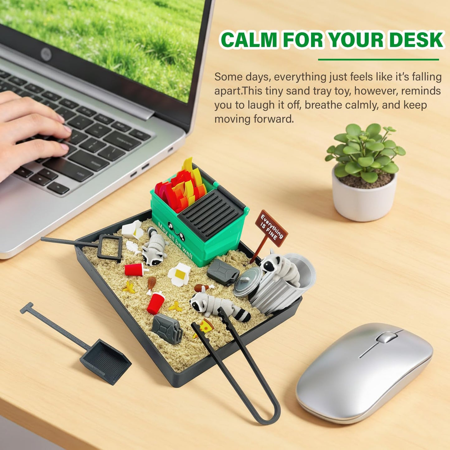 Dumpster Fire Zen Garden - Funny Satirical Mini Desk Sand Garden, Small Compact Stress Relief Office Accessory, Unique Desk Toy for Work/School