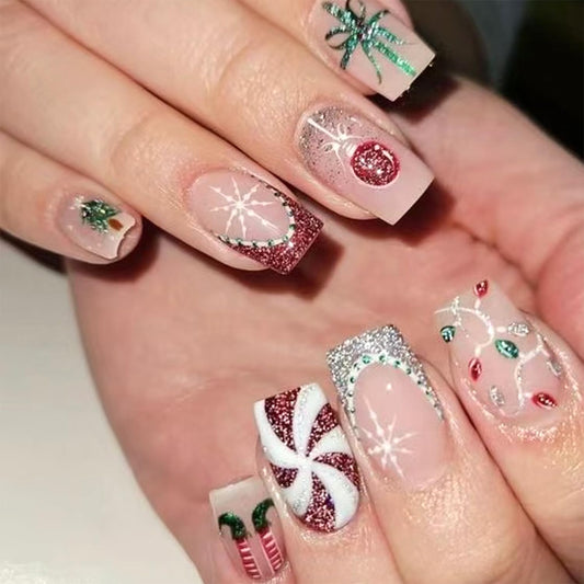 LWTZLW Christmas Press on Nails White Red French Tip Medium Square False Nails Gift Glitter Glue on Nail Snowflake Design Acrylic Fake Nails Winter Artificial Glossy Nail Reusable for Women