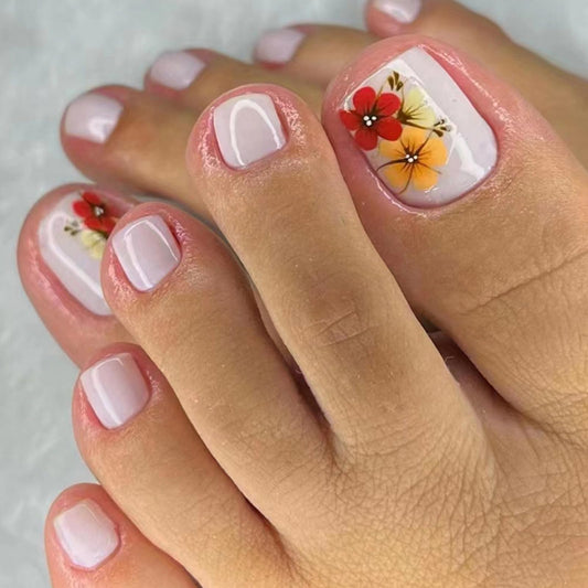 Flower Press on Toenails Short Square Fake Toe Nails Summer False Toenails Glossy Full Cover Acrylic Glue on Toenails Cute Toe Nails Artificial Stick on Toenails for Women Manicure 24 Pcs