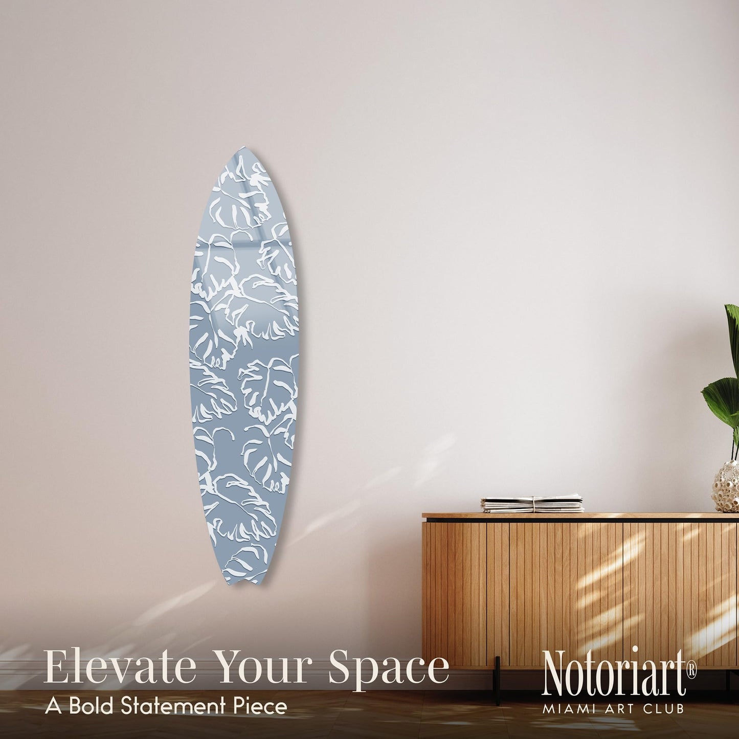 Notoriart Monstera Blue Surfboard Acrylic Wall Art Die-Cut Coastal Modern High-Gloss Home Decor, 15" x 60"