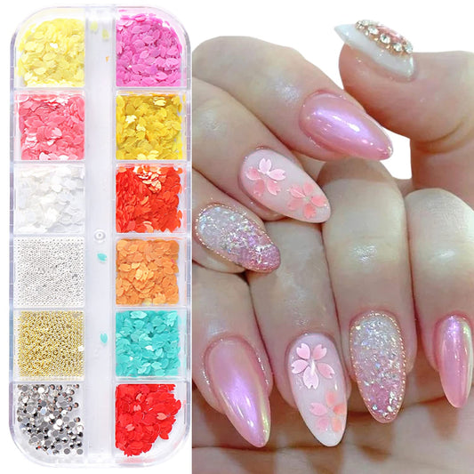 Cherry Petals Glitter, Mixed Flower Beads Rhinestone Decoration Floral Acrylic Nails Designs for Women and Girls Manicure