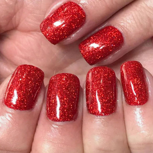 TOGZOM Red Press on Nails Short Fake Nails Glue On Glitter Acrylic False Nails Sparkling Gel Nails Press ons Glossy Stick on Nails Solid Color Full Cover Nails Decoration for Women Manicure Art 24Pcs