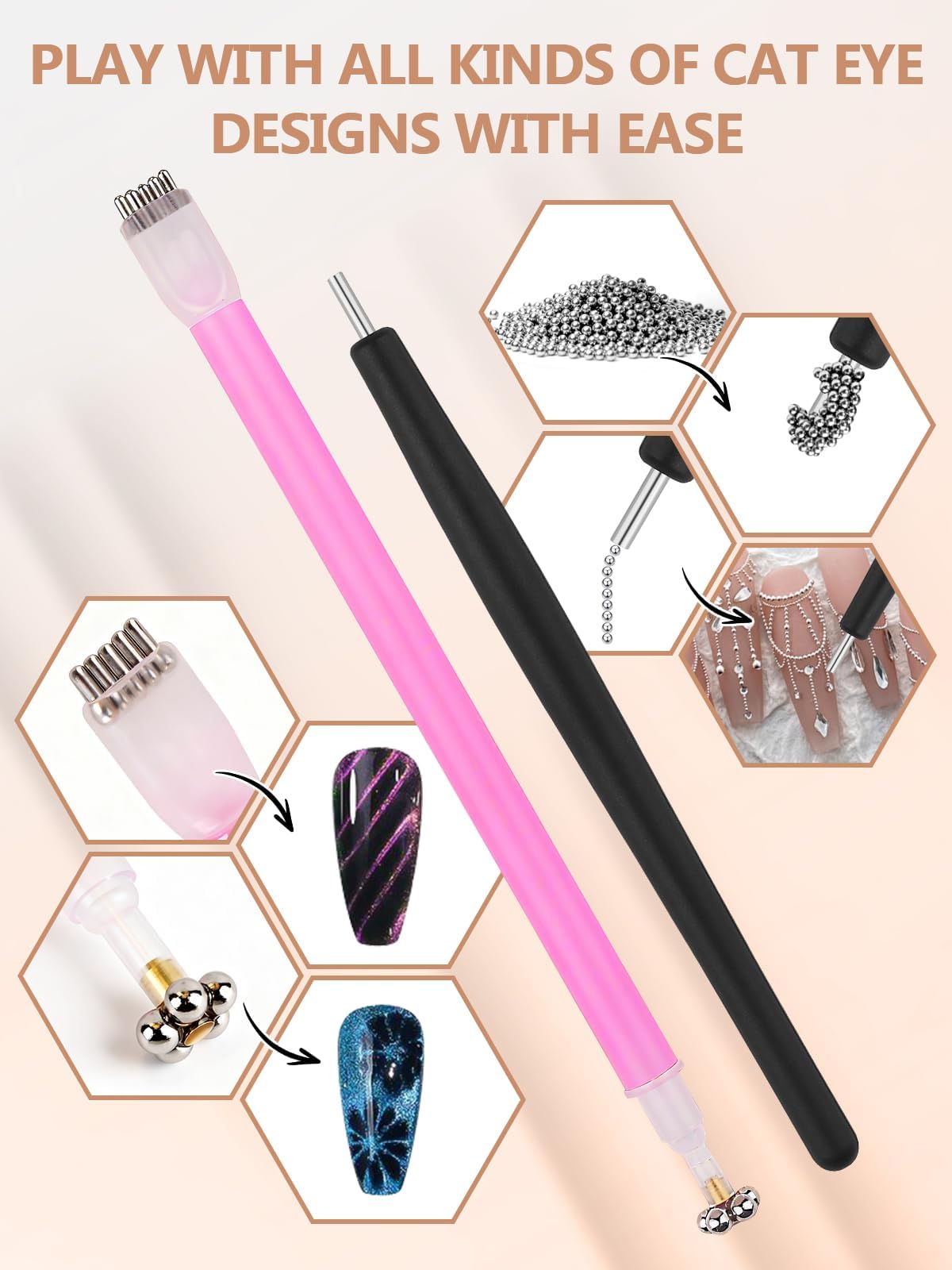EBANKU 6 in 1 Cat Eye Nail Magnet Tool Set, Multifunctional Wooden Handle Nail Magnet, Heart Rabbit Shape Cat Eye Magnet for Nails, Magnet Pen with Steel Ball for French Nail Art DIY at Home