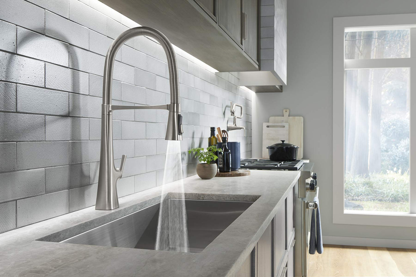 Kohler 22060-VS Graze Commercial, 3 Function Tall Semi-pro Kitchen Sink Faucet with Pull Down Sprayer, Vibrant Stainless
