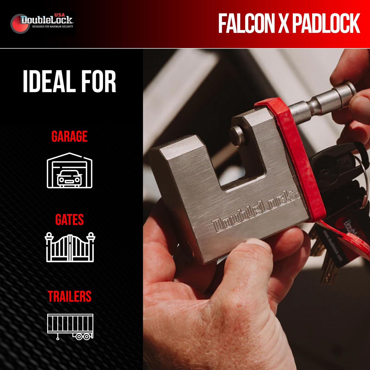 DoubleLock Falcon Brass & Steel - X Max Duty Padlock – Heavy Duty Dowel Lock 1/2in, 6 Pin Cylinder with 5 Laser-Cut Keys and Red Deterrent Cap – Weather Resistant for Containers, Gates & Trailers