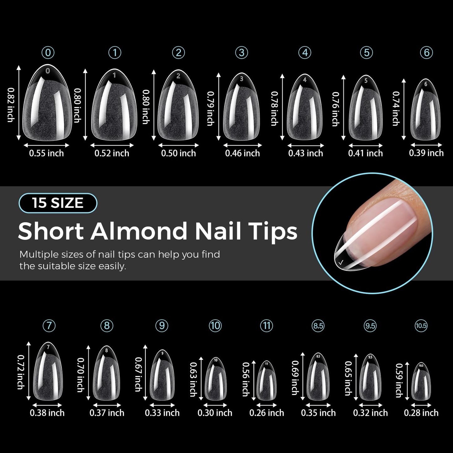 TOMICCA Short Almond Nail Tips, Pre-Shaped Half Matte Clear Full Cover Nail Extension Tips, 240PCS 15 Sizes, Gel Nail Tips for Acrylic/Gel Extensions, Natural Look