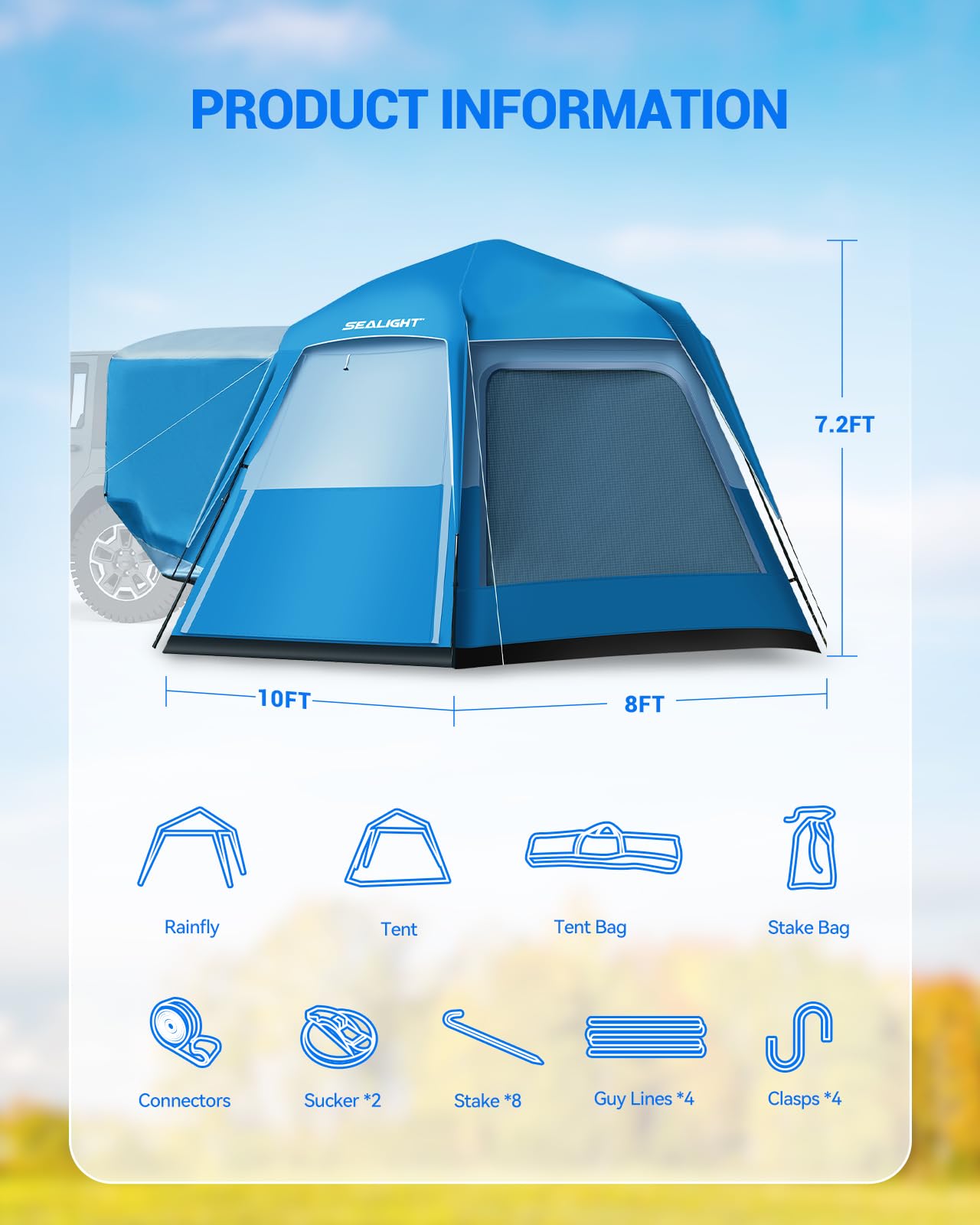 SEALIGHT SUV Tent for Camping 6 Person Pop Up Tent Double Layer PU3000mm Waterproof Car Camping Tent with Rainfly and Storage Bag，Weather Resistant SUV Tailgate Tent，10FT L x 8FT W x 7.2FT H Blue
