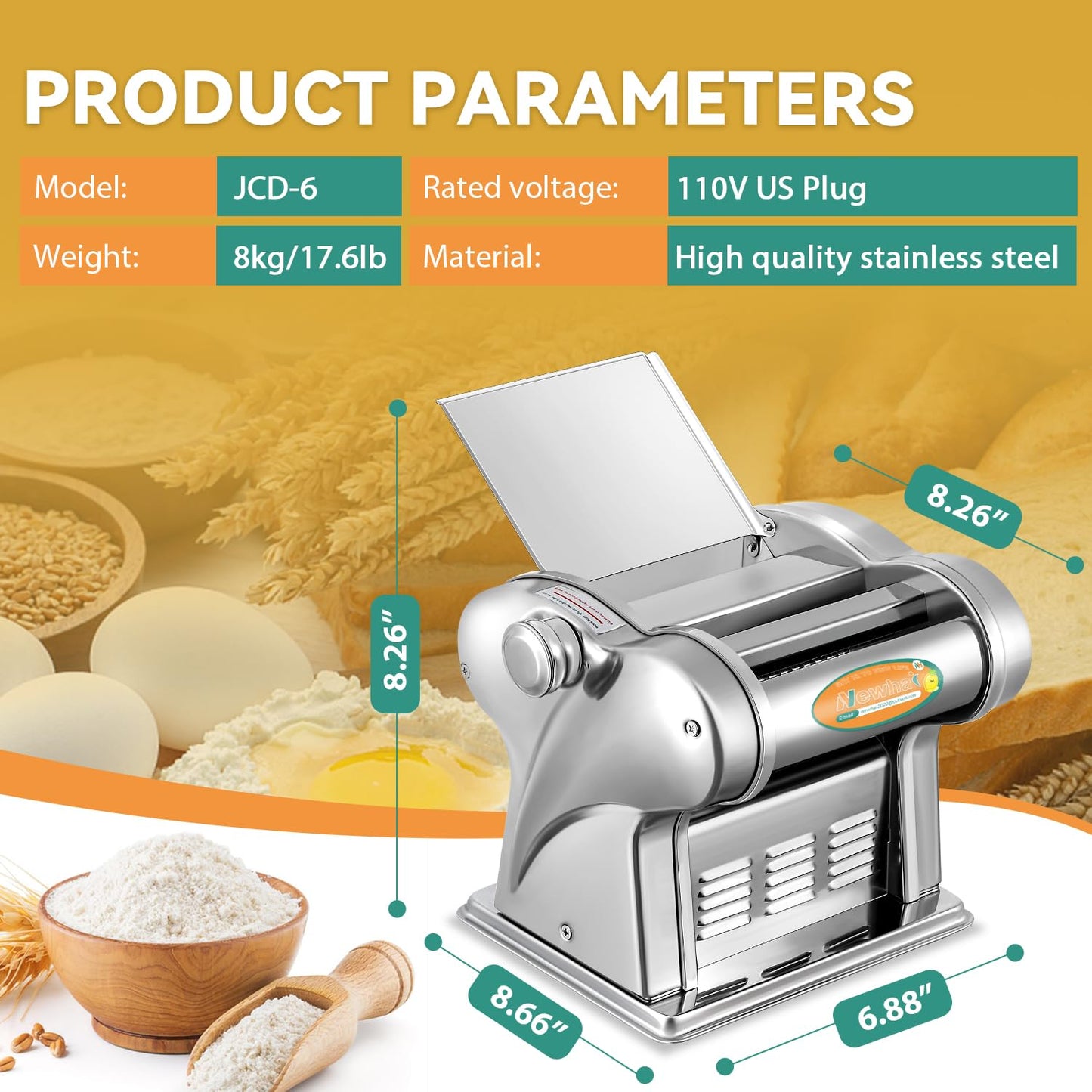 Newhai Electric Family Pasta Maker Machine Noodle Maker Pasta Dough Spaghetti Roller Pressing Machine Stainless Steel 135W for Home Use (1.5mm round noodle+4mm flat noodle)