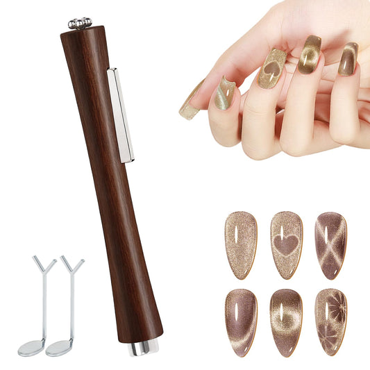 Caubuey 4 in 1 Cat Eye Nail Magnet Stick with Heart Shaped Tool, Multifunctional Magnetic Nail Pen for Gel Polish — 3D Cat Eye Magnet for DIY Nail Art, Manicure, Salon, Studio Use (Brown)