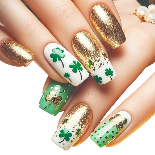 St. Patrick's Day Press on Nails Medium Coffin Fake Nails with Green Gold Shamrocks Design Full Cover Gold Glitter Glossy Acrylic Nails for Women DIY Manicure Saint Patrick's Day Nail Decor 24Pcs