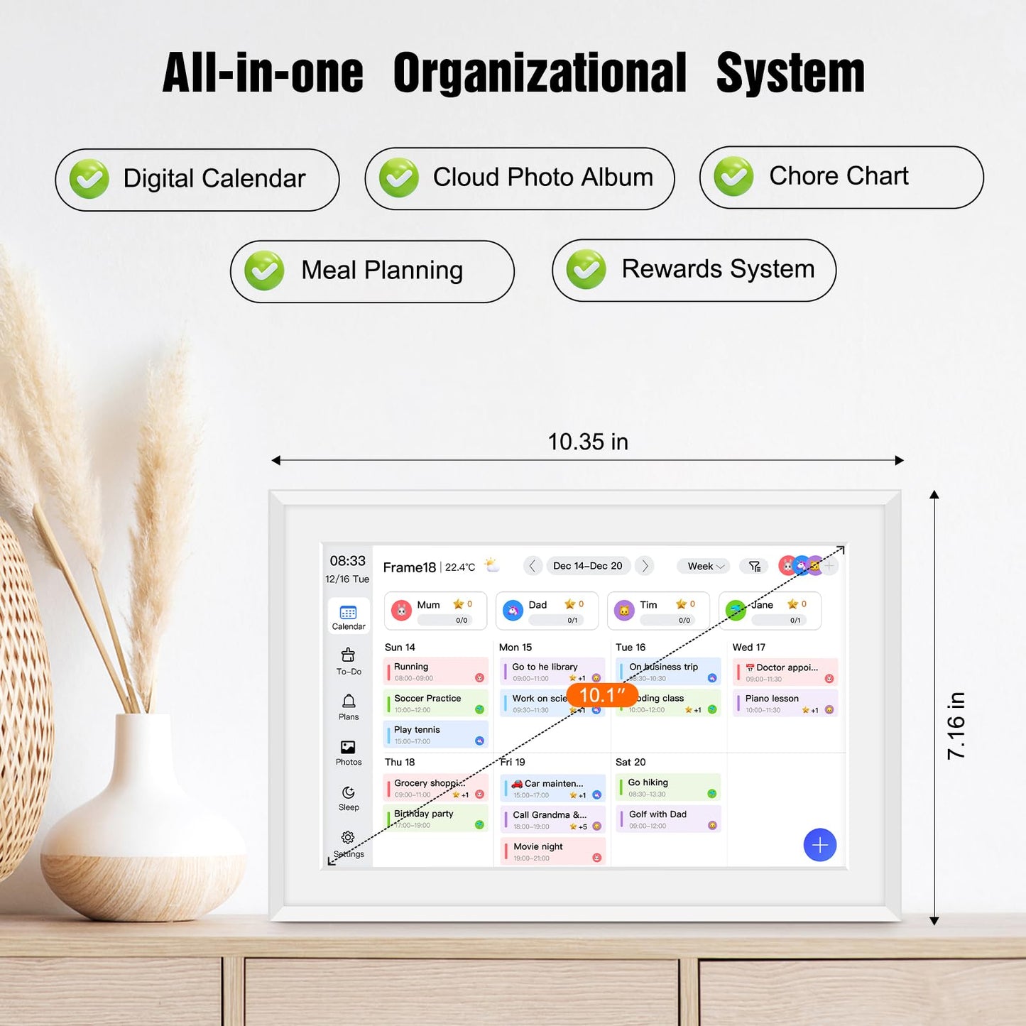 10.1" Smart Digital Calendar and Cloud Photo Frame Wall Planner with Chore Charts Meal Planning 32GB Storage 1280x800P IPS Touchscreen Desk Calendar Interactive Display for Family Schedules White