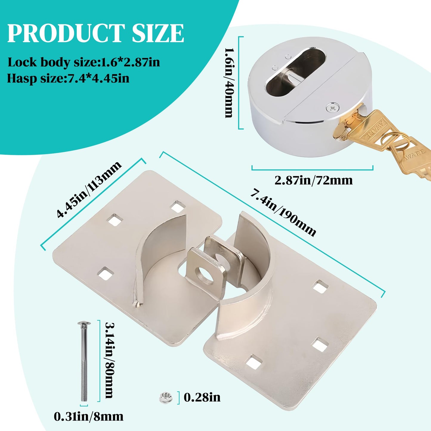 OIHYA 2 Pack Van Door Lock, 73MM Heavy Duty Solid Steel Hidden Shackle Padlock and Hasp Set Keyed Different, with 4pcs Keys and 80mm Screws for Vans, Trucks, Gates, Trailer
