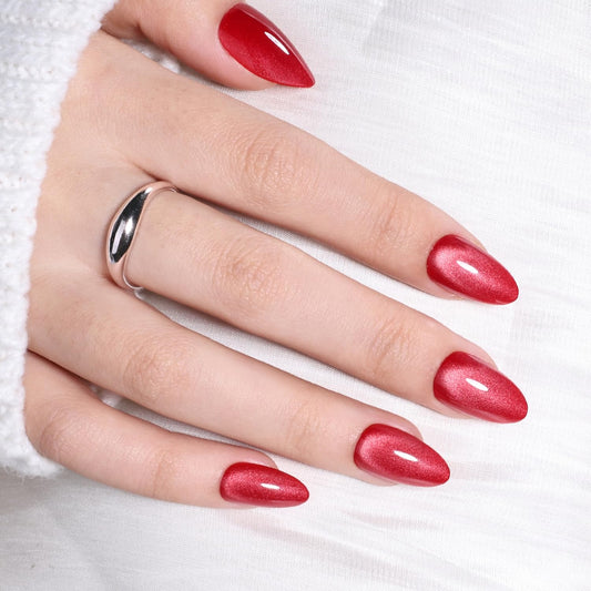 Leefrei Red Press On Nails - Short Almond Cat Eye Press on Nails Crimson Red Nails Press Ons for Women DIY Fake Nails Kit with Glue, Reusable Glue on Nails Short in 16 Sizes - 32pcs, Velvet Crimson
