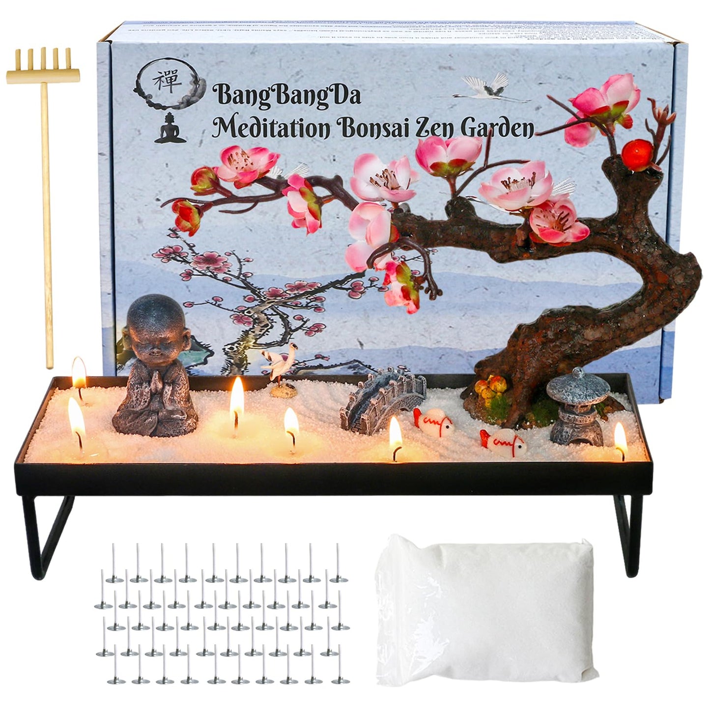 Mini Zen Garden for Desk - Buddha Bonsai Wax Sand Garden Kit Beautiful Japanese Decor Gift Set for Home, Office Desk Zen Sand Tray Therapy Desktop Meditation Room Accessories
