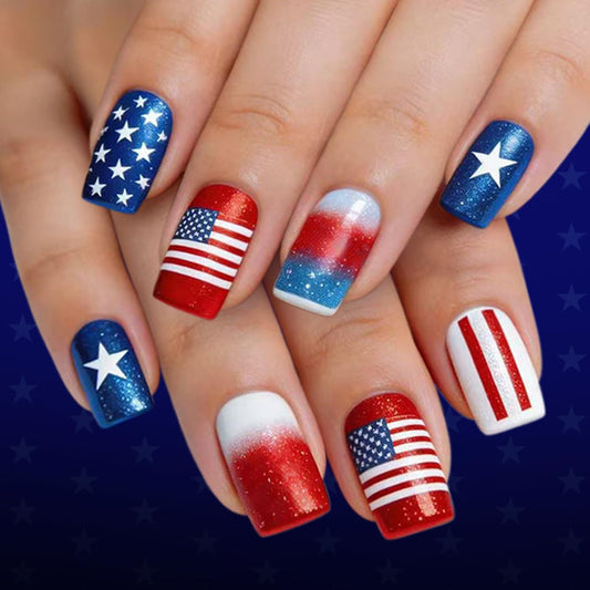 French Independence Day Press on Nails Medium Square Fake Nails Gradient US Flag Lines Stars Glitter 4th of July Stick on Nail Patriotism Glue on Artificial Fingernails for Women Festival Manicure