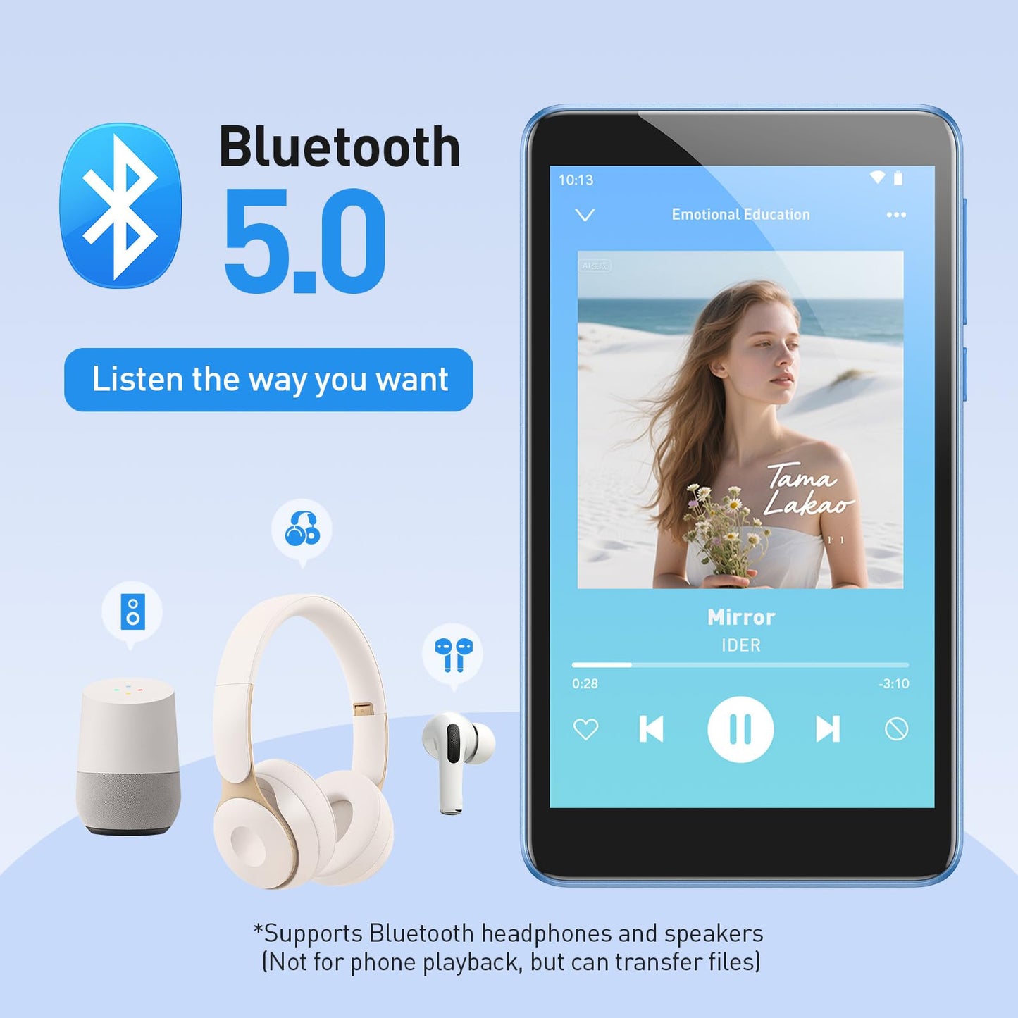 AGPTEK 96GB MP3 Player with Bluetooth and WiFi, T08X 4'' Android 14 MP4 Music Player with Spotify, Audible, APP Store, Up to 1TB, Blue
