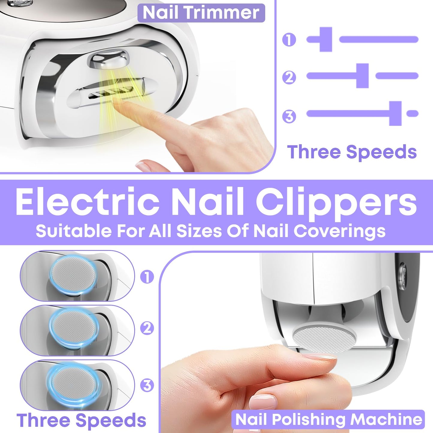 Automatic Nail Clippers for Seniors, 3-in-1 Electric Nail Clipper & Trimmer with LED Light Rechargeable Battery Fingernail Clipper for Adults Fingernail Grinder Electric Polishing for Women & Men