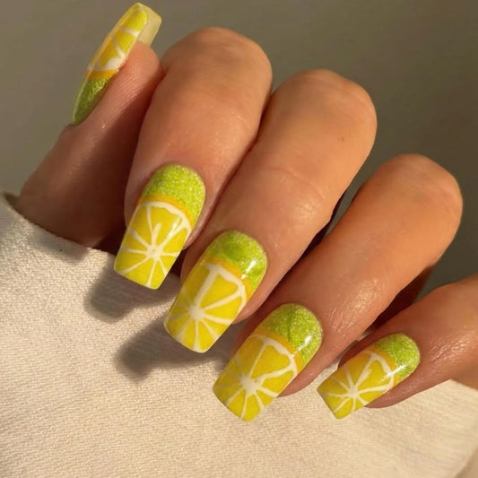 IMSOHOT 24Pcs Press on Nails - Medium Square Fake Nails Yellow Lemon & Green Glitter Fruit Design False Nails Kit for Vacations