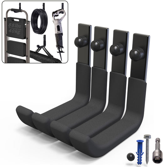 SunVFaFa 4 Pack Garage Storage Hooks, Ladder Hangers, Steel Wall Mount Hooks, Utility Hooks for Hanging Heavy Duty Shed Tools, Ropes, Garden Hoses, Shovel, Bulk Items, etc.（88lbs, 4Inch）