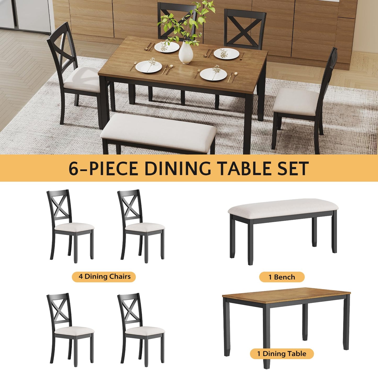 Zevemomo 6-Piece Solid Wood Dining Table Set, Including 1 Dining Table, 4 Upholstered Chairs and 1 Bench, Farmhouse Wooden Legs Dining Table Set for Living Room, Kitchen, Black