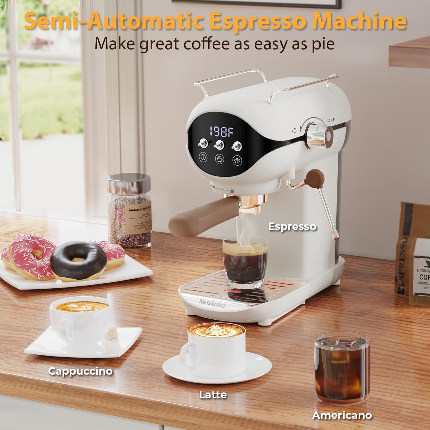 Nesskoko Espresso Machine with Steam Milk Frother Semi Automatic 20 Bar Compact White with Toggle Switch for home Cafetera Espresso, Latte, Cappuccino, Americano, Macchiato