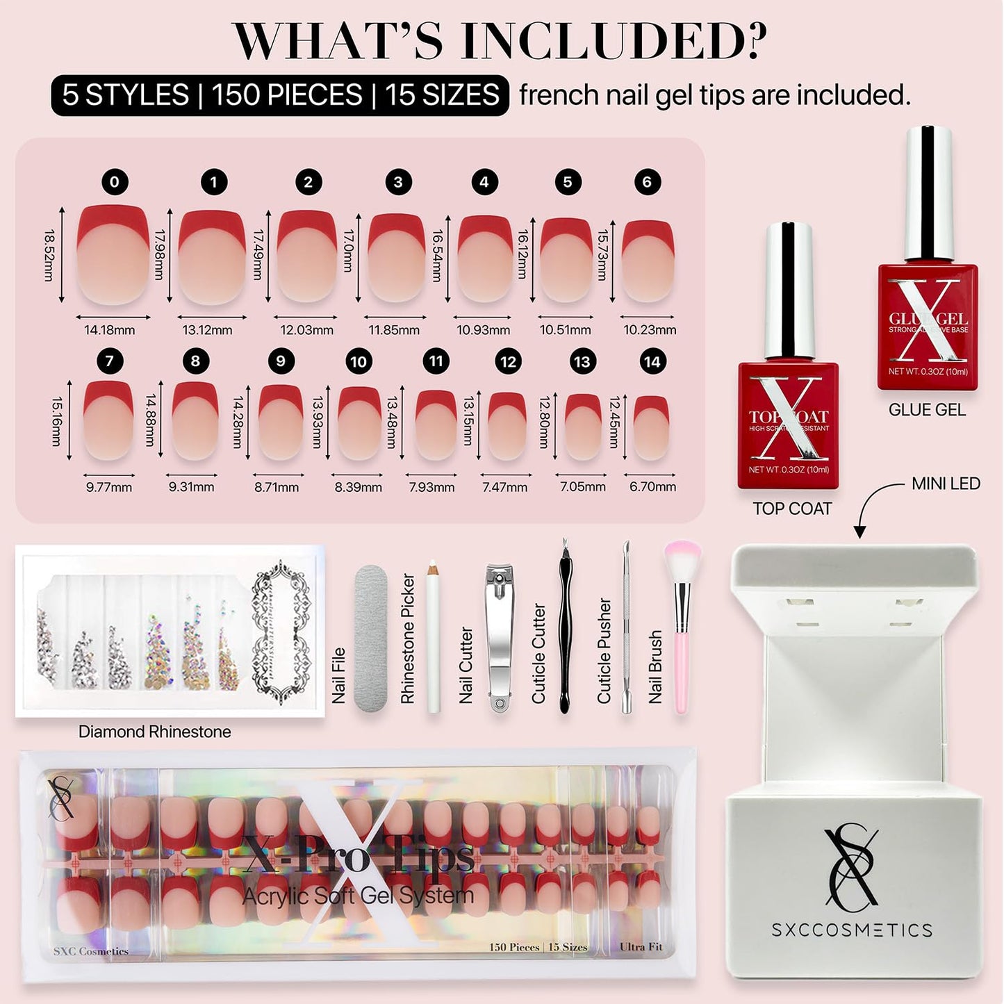 SXC Cosmetics French Tip Press On Nails – Red Series, Extra Short Square Fake Nails X-Pro Tips Starter Kit| 150PCS, 15 Sizes, 5 Styles, Beginner-Friendly
