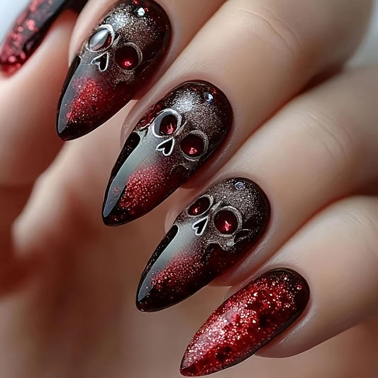 CJDLTS Halloween Press on Nails Medium Bloody Skull Design Medium Almond Tip False Nail Full Cover Glossy Acrylic Fingernails Halloween Press Ons Artificial Glue on Nails for Women 24Pcs