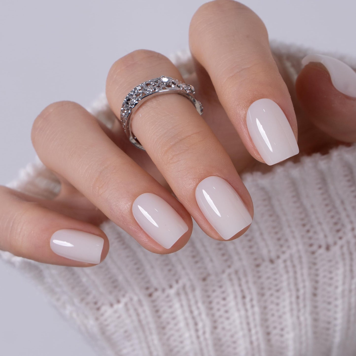 CurvLife Press on Nails Short Square Acrylic Fake Nails with Apricot Design Full Cover False Nails Glossy Nude Glue on Nails Artificial Stick on Nails for Women (Clean Milky Nude)
