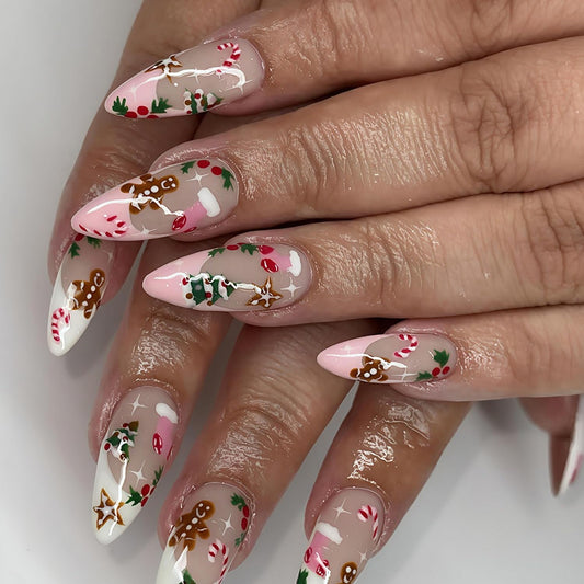 Christmas Press on Nails Medium Almond Fake Nails Glitter with Cute Gingerbread Man, Crutch, Christmas Tree, False Nails Design Full Cover French Acrylic Nail for Women DIY Manicure Decoration 24 Pcs