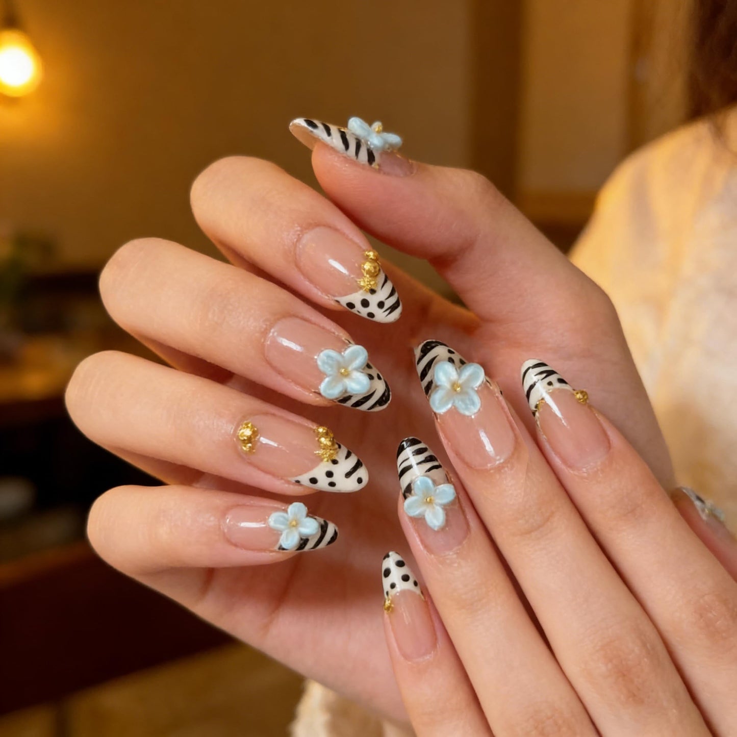 Handmade Press on Nails Almond French Tips with 3D Blue Flowers, Gold Charms and Zebra Print, Glossy Finish 10 Count M Size