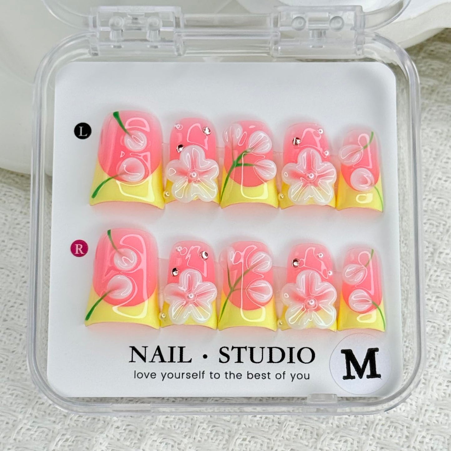 Handmade Press on Nails Yellow French False Nails Short Duck Shaped Fake Nails Flower Acrylic Nails Full Cover Reusable Flower Rhinestones Fake Nails for Women Girls Accessories (Size M)